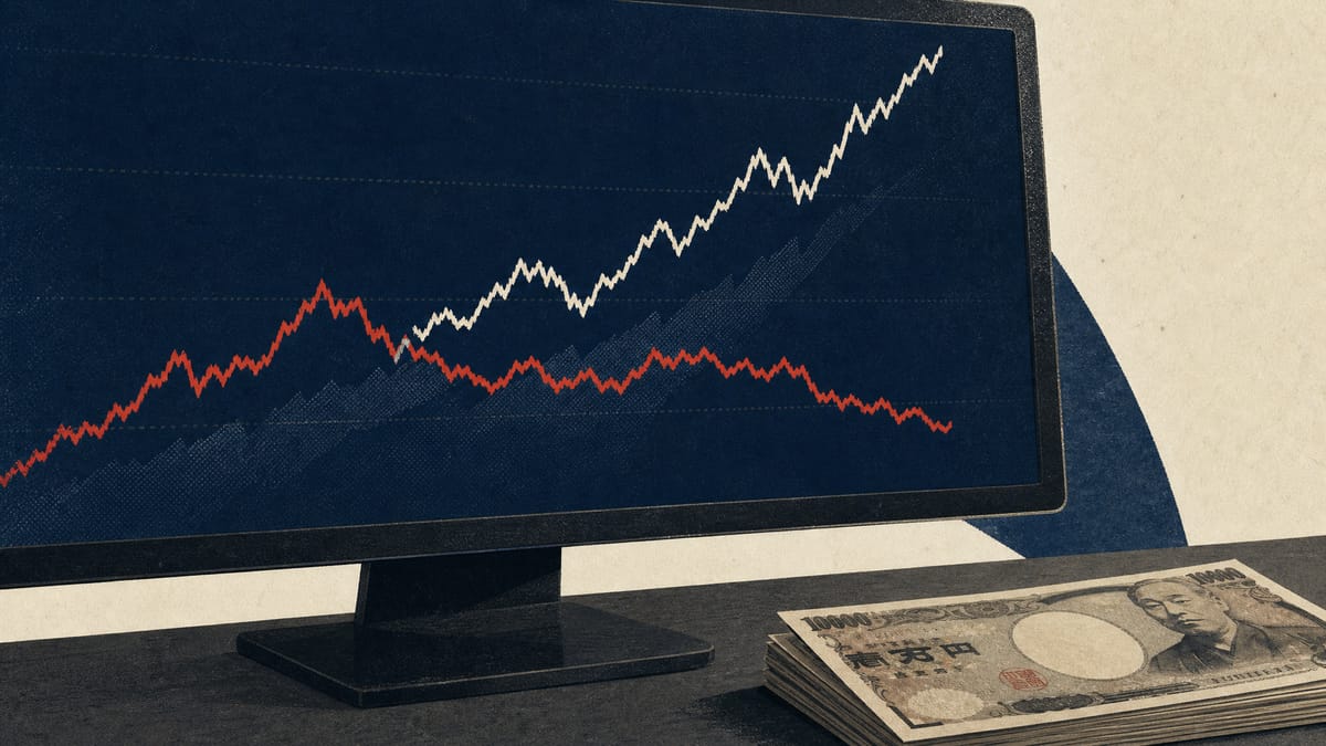 A trading monitor displaying two intersecting line charts, one for AI-related stock valuations and one for oil prices, with a stack of yen banknotes on the desk beside it.