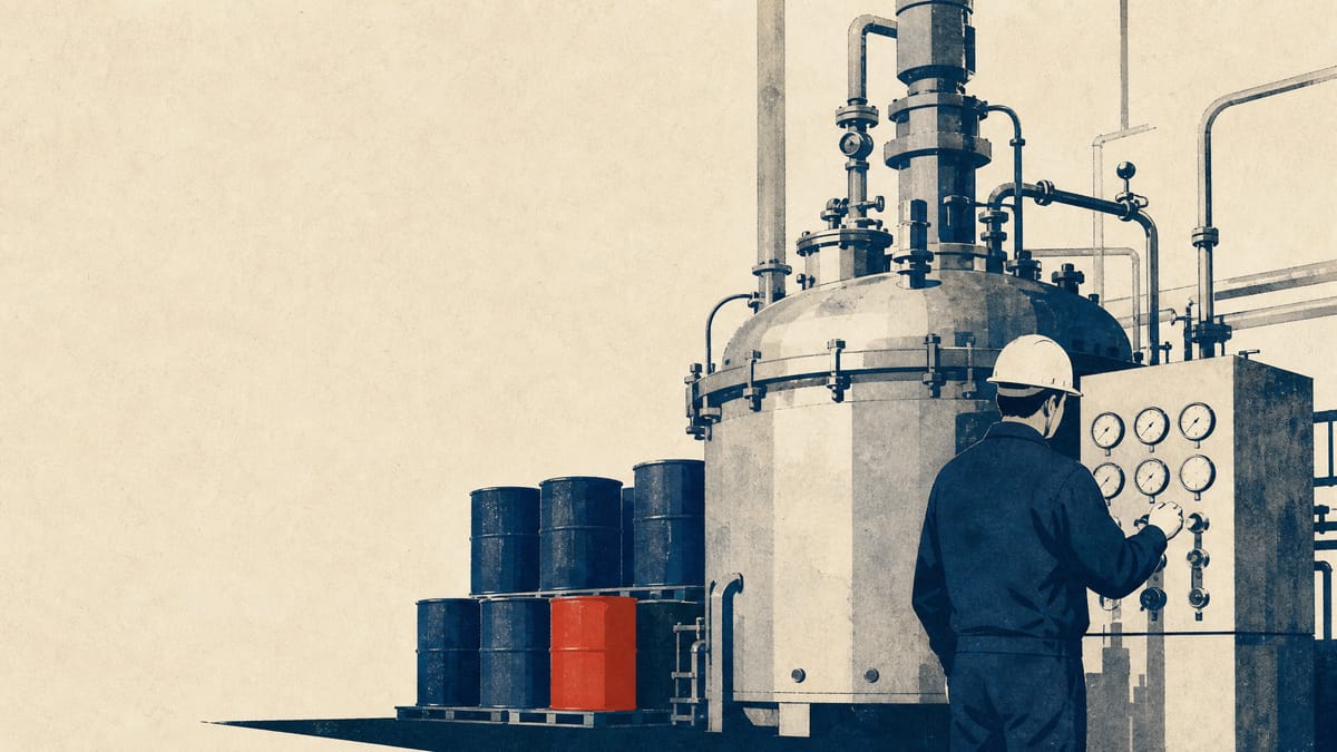 Photo-realistic image of an industrial chemical plant floor with resin tanks, pigment drums, and a worker checking gauges.