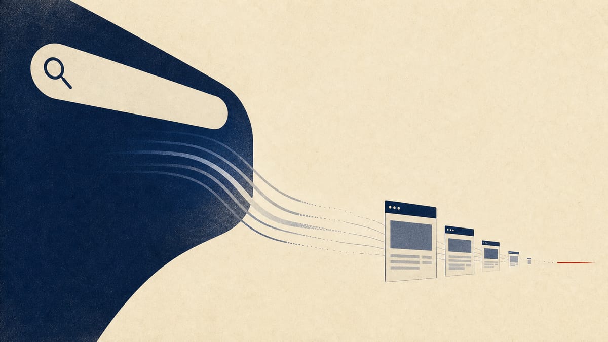 Abstract illustration of thinning data streams flowing from a stylized search interface toward a shrinking cluster of website tiles, symbolizing declining affiliate-site traffic.