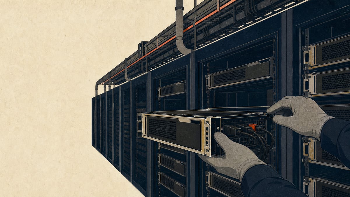 Editorial illustration of data center server racks being fitted with GPU hardware, with cooling infrastructure and cable trays overhead.