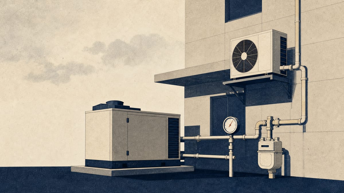 A natural gas cogeneration unit and rooftop heat-pump air conditioning condenser connected to gas pipework outside a commercial building.