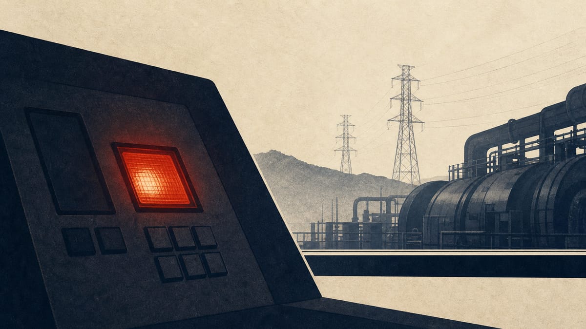 Illustration of an industrial power-plant control panel showing a generator alarm light, with turbine and transmission equipment visible in the background.