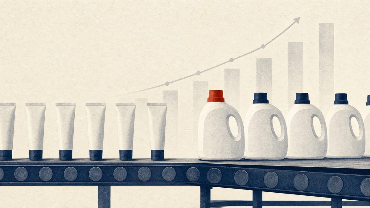Toothpaste tubes and detergent bottles on a factory conveyor belt with a faint rising bar-chart overlay in the background