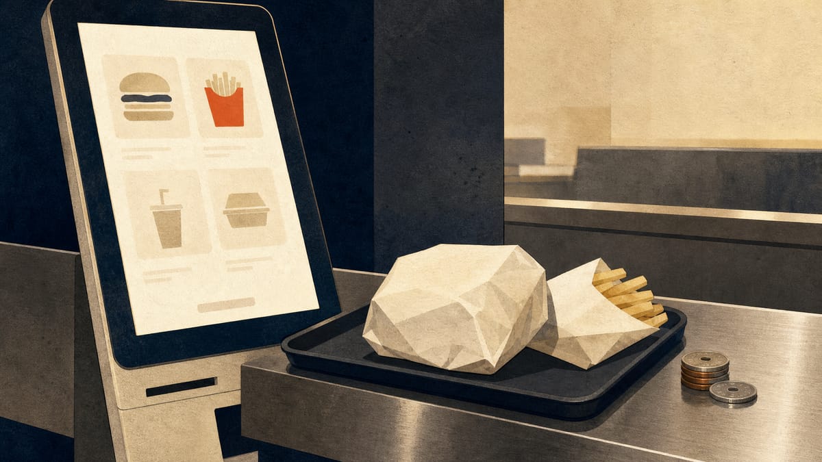 Editorial illustration of a fast-food restaurant counter with a digital order kiosk, a tray of unbranded food, and a small stack of yen coins, evoking Japan's quick-service dining sector without any logos or text.