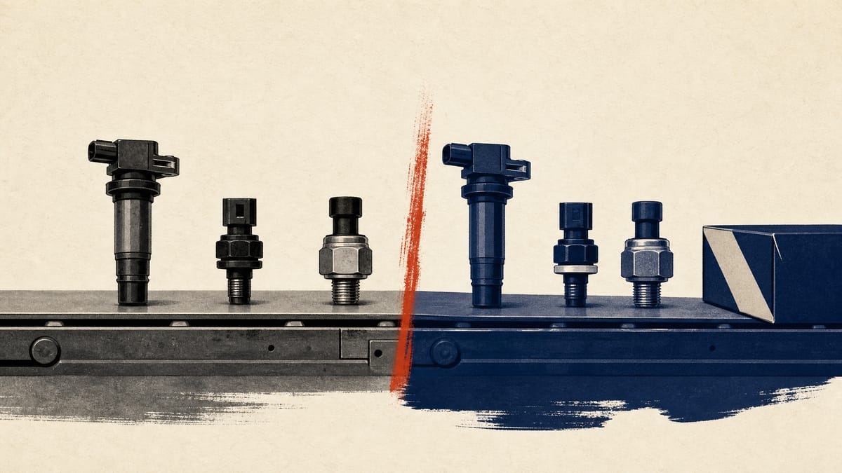 Automotive ignition coils, switches and pressure sensors on a factory conveyor, with a color shift across the belt suggesting a change of ownership.