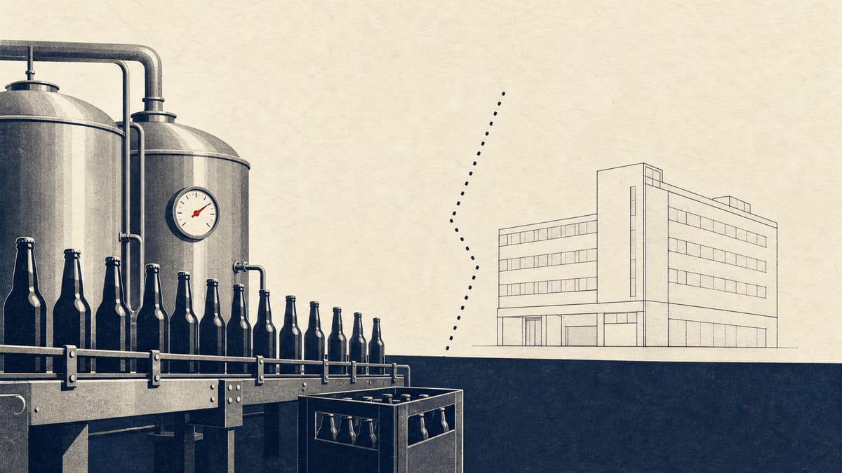 Illustration of a brewery bottling line with a generic office building outline separating in the background, symbolizing a beverage company detaching from its real estate holding.