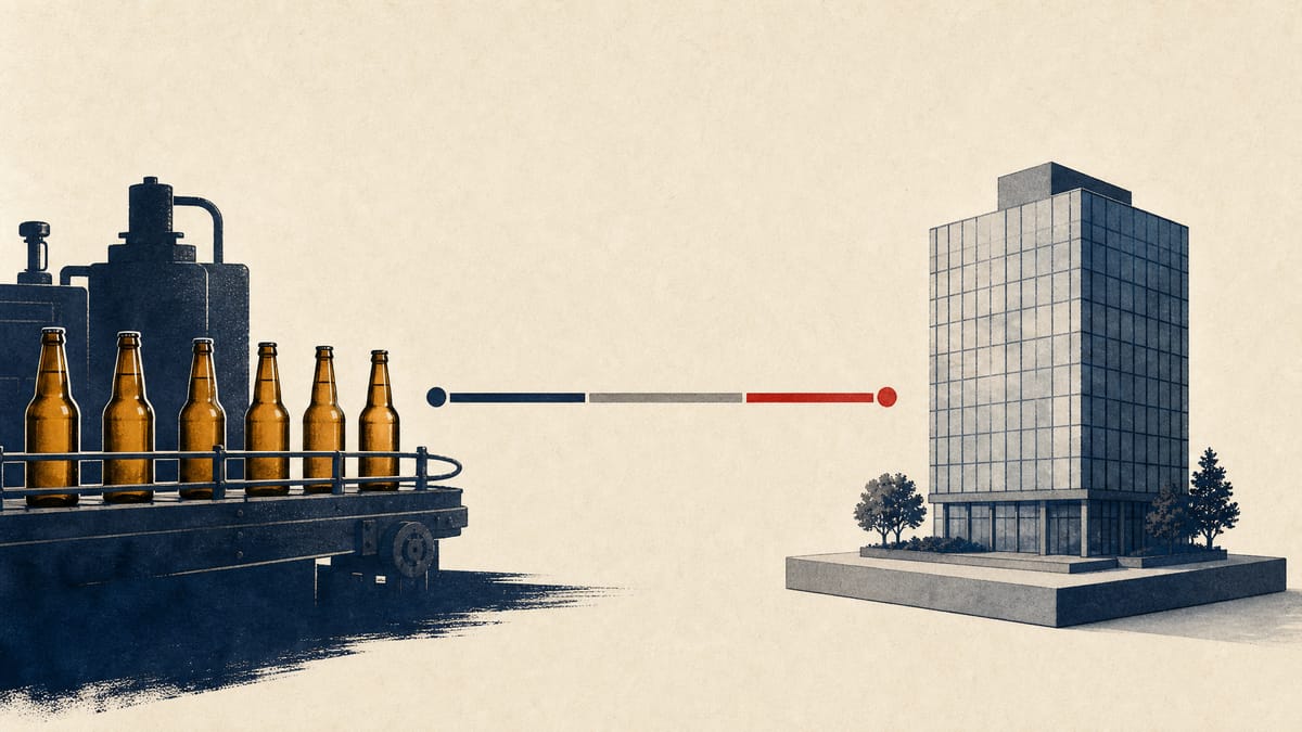 Illustration of a beer bottling line beside a glass office-tower model linked by a segmented ownership bar, representing Sapporo's brewing business and its staged real estate divestiture.