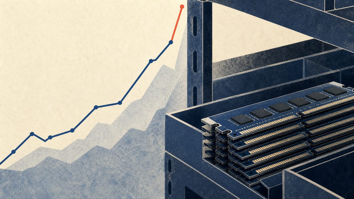 Editorial illustration of semiconductor memory modules on warehouse shelving with an abstract rising price line graph in the background.