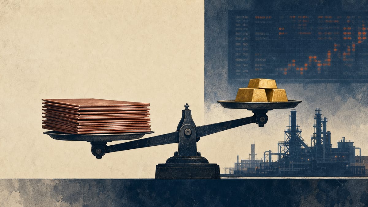Copper cathode sheets and gold ingots balanced on an industrial scale at a metals refinery, with a blurred commodity price ticker in the background.