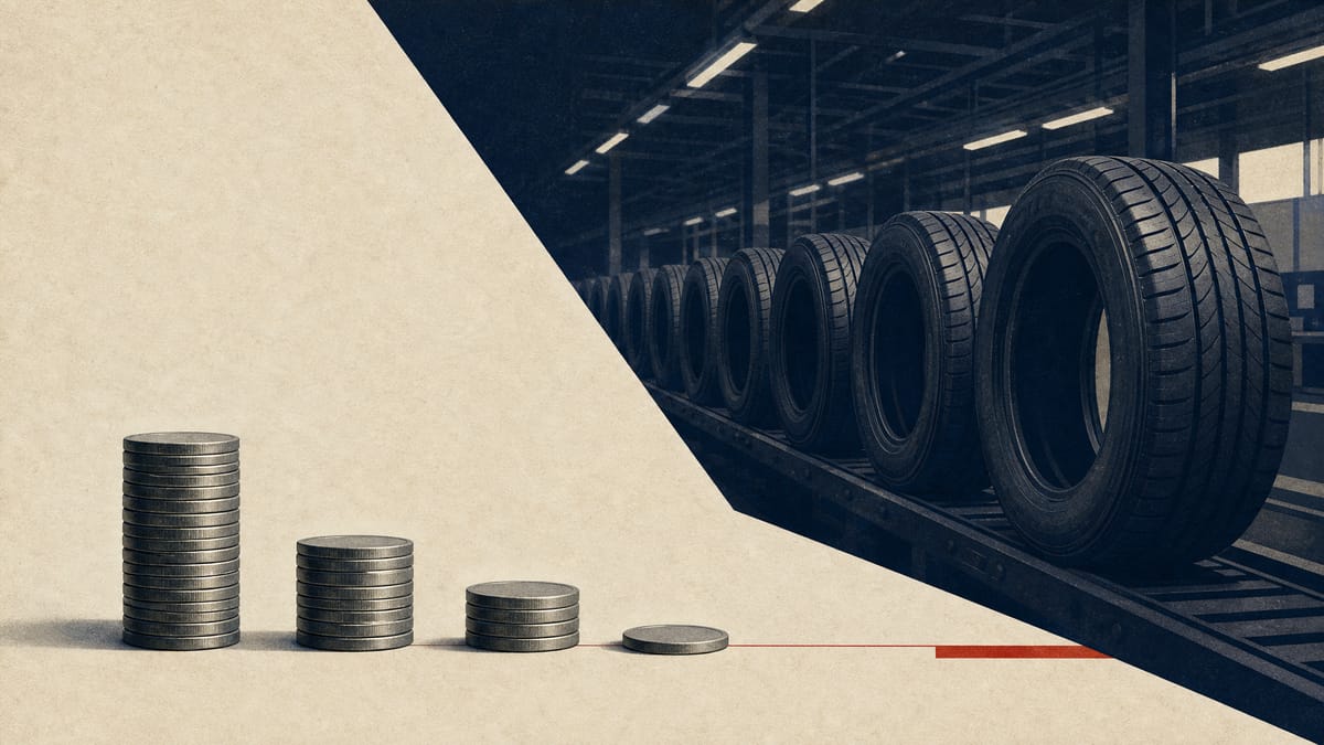 A factory floor stacked with rubber tires next to a diminishing row of coin-like tokens symbolizing a shareholder's stake shrinking to zero.