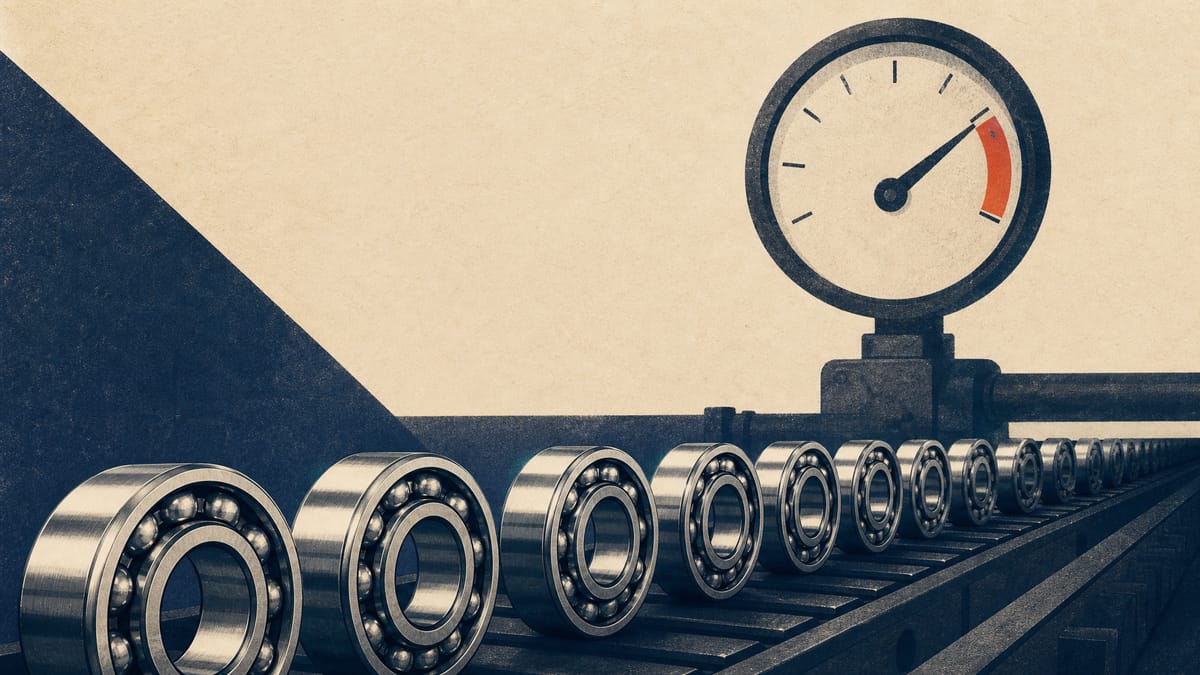 Rows of polished steel precision ball bearings on a factory conveyor belt beside an industrial gauge with its needle in the red zone, symbolizing financial strain at a bearings maker.