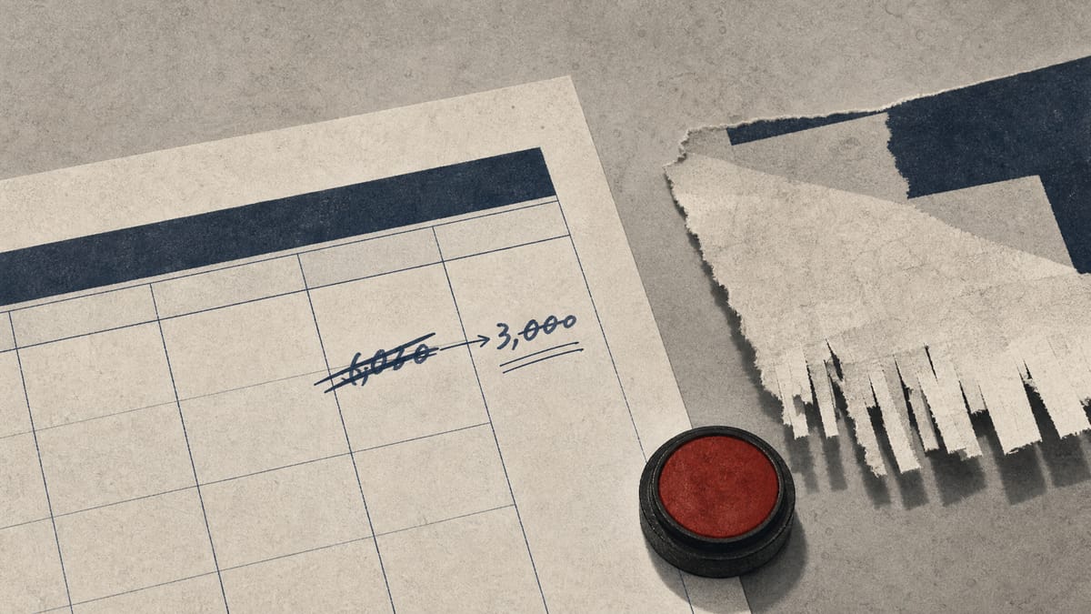 Editorial illustration of a stock-option ledger with a price figure crossed out and corrected by hand, beside a shredded paper fragment and a corporate seal stamp, symbolizing a governance investigation into altered company records.