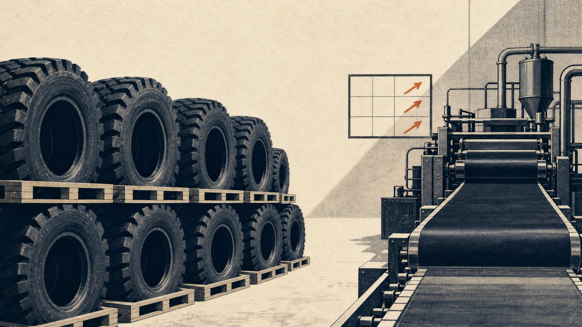 Stacked large off-highway tires in a factory yard beside a rubber production line, evoking a tire maker's earnings and dividend increase.