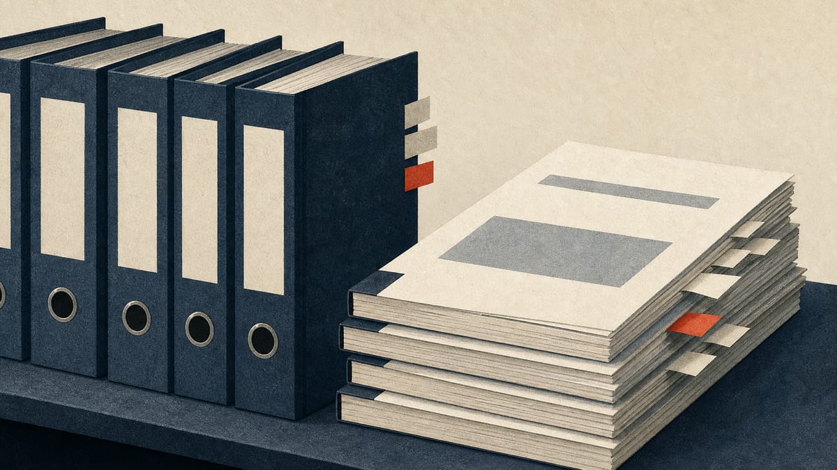 Stacked financial report binders with small correction flags, suggesting overlapping and delayed filing deadlines.