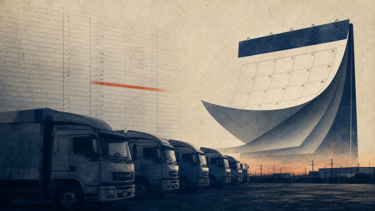 Editorial illustration of used trucks in a dealer yard overlaid with ledger and calendar imagery symbolizing a delayed earnings report tied to an accounting investigation.