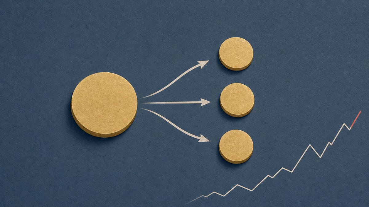 Illustration of a single share token splitting into three smaller tokens next to an upward-trending line graph, symbolizing Akatsuki's profit rebound and stock split.