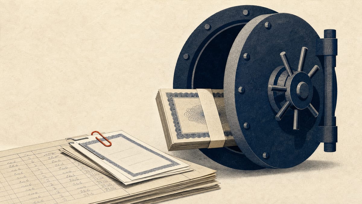 Editorial illustration of stock certificates being partly withdrawn from an open bank vault beside stacked ledger sheets, symbolizing a share pledge release tied to a shareholder's tender commitment.