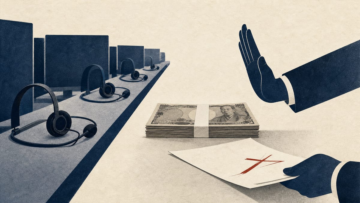 Illustration of empty call-centre headset stations next to a stylised flow of yen banknotes and a returned contract, symbolising a cancelled acquisition and refunded purchase price.
