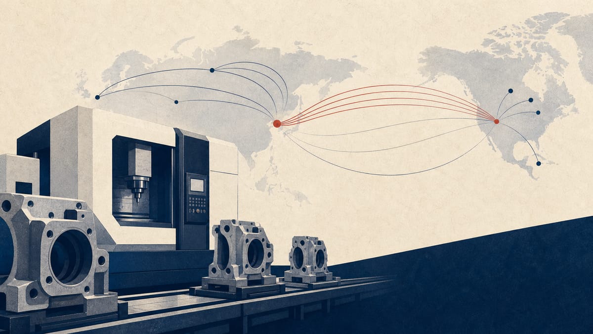 Editorial illustration of a machine-tool factory floor with cast metal parts and faint abstract lines representing international capital flow.