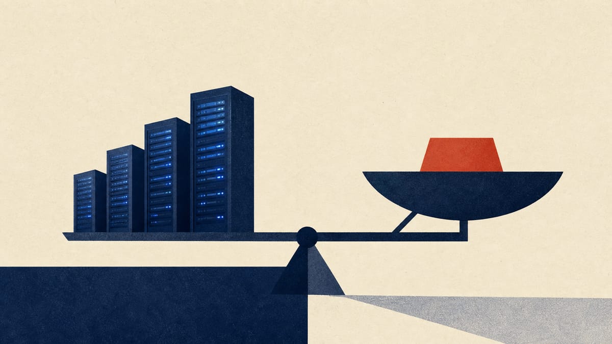 Abstract illustration of server towers balanced against a widening ledger scale, representing an AI company's sales growth and enlarged capital base.