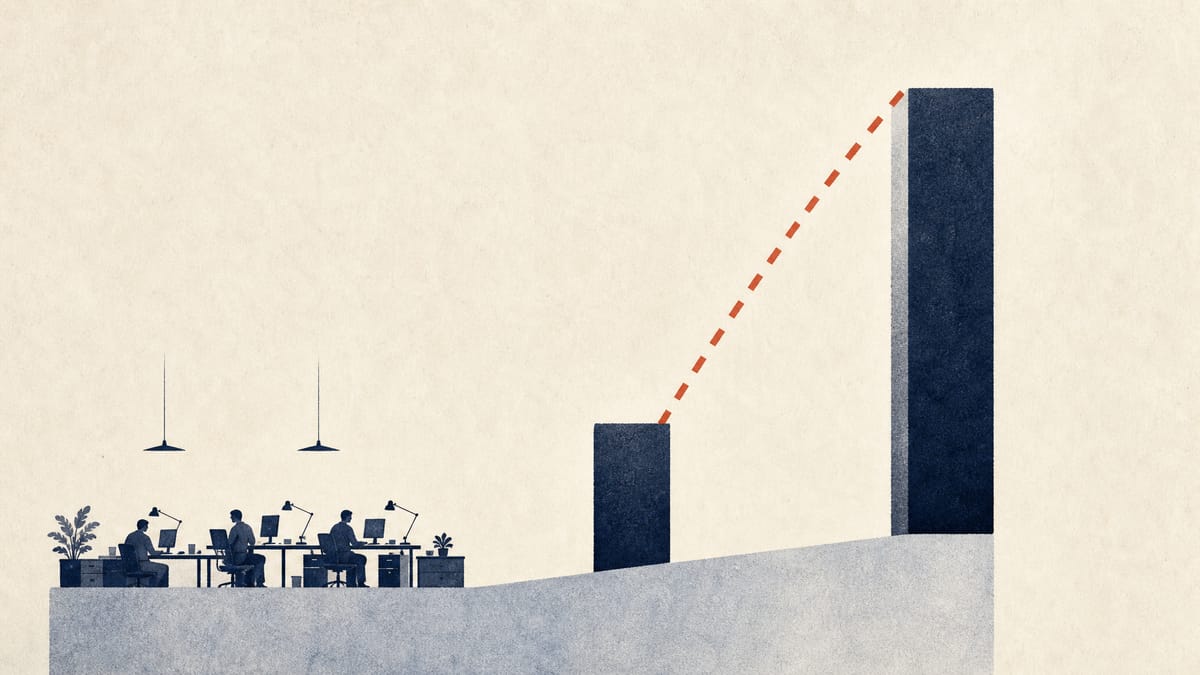 Illustration of a rising market-value threshold bar beside a stylized small tech-company workspace, representing a stock-exchange listing rule pushing a smaller company toward a higher market-capitalization bar.