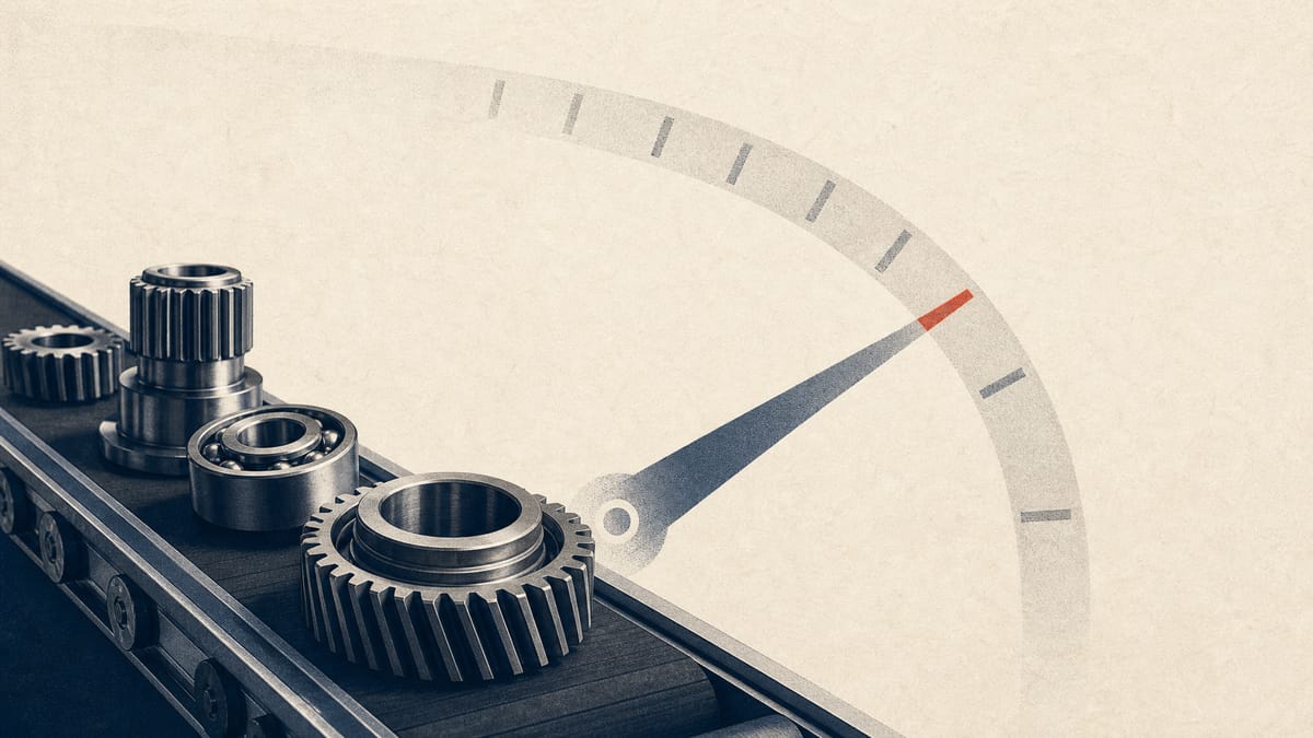 Precision automotive gears and bearings on a conveyor line, with a subtle translucent gauge overlay showing an ownership percentage needle crossing a five percent marker.
