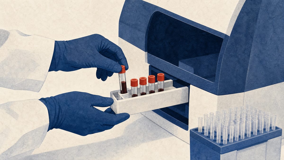 Gloved hands loading blood-sample tubes into a laboratory diagnostic analyzer.