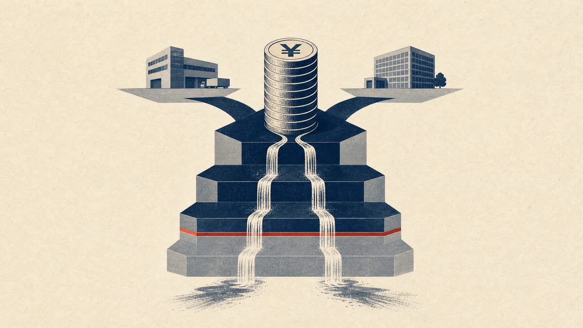 Abstract illustration of yen coins flowing through a tiered profit-distribution waterfall representing private equity carried interest realized from two company exits.