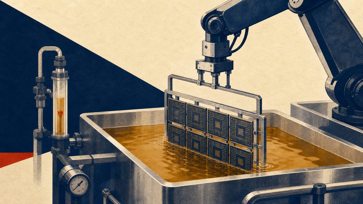 Industrial chemical treatment line with steel tanks and a robotic arm processing semiconductor packaging substrate panels.