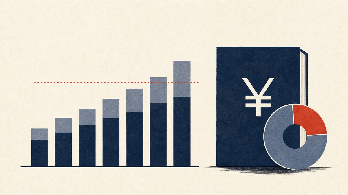 Abstract illustration of a rising ownership-stake bar chart crossing a 10 percent threshold line next to a yen ledger, symbolizing an activist investor's growing stake in a Japanese financial services company.