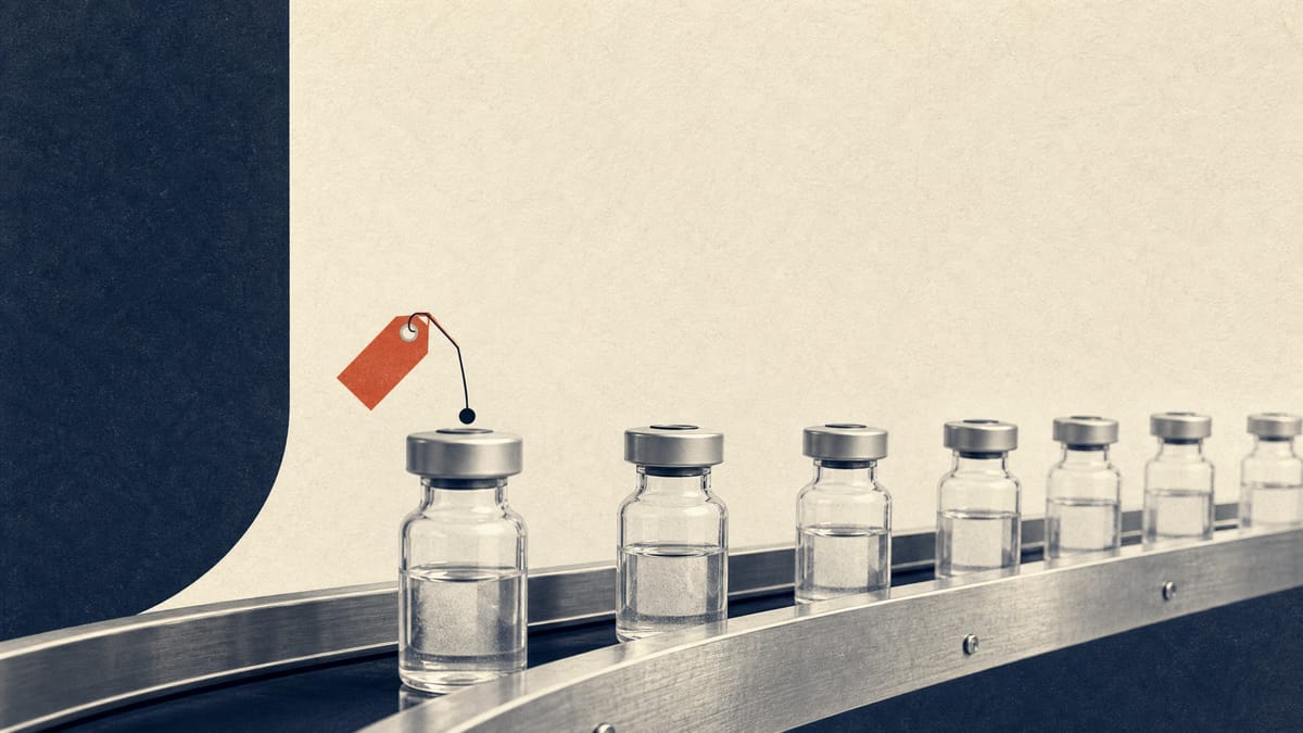 Illustration of pharmaceutical vials on a production line with a small price tag icon, representing a newly priced cancer therapy in Japan.