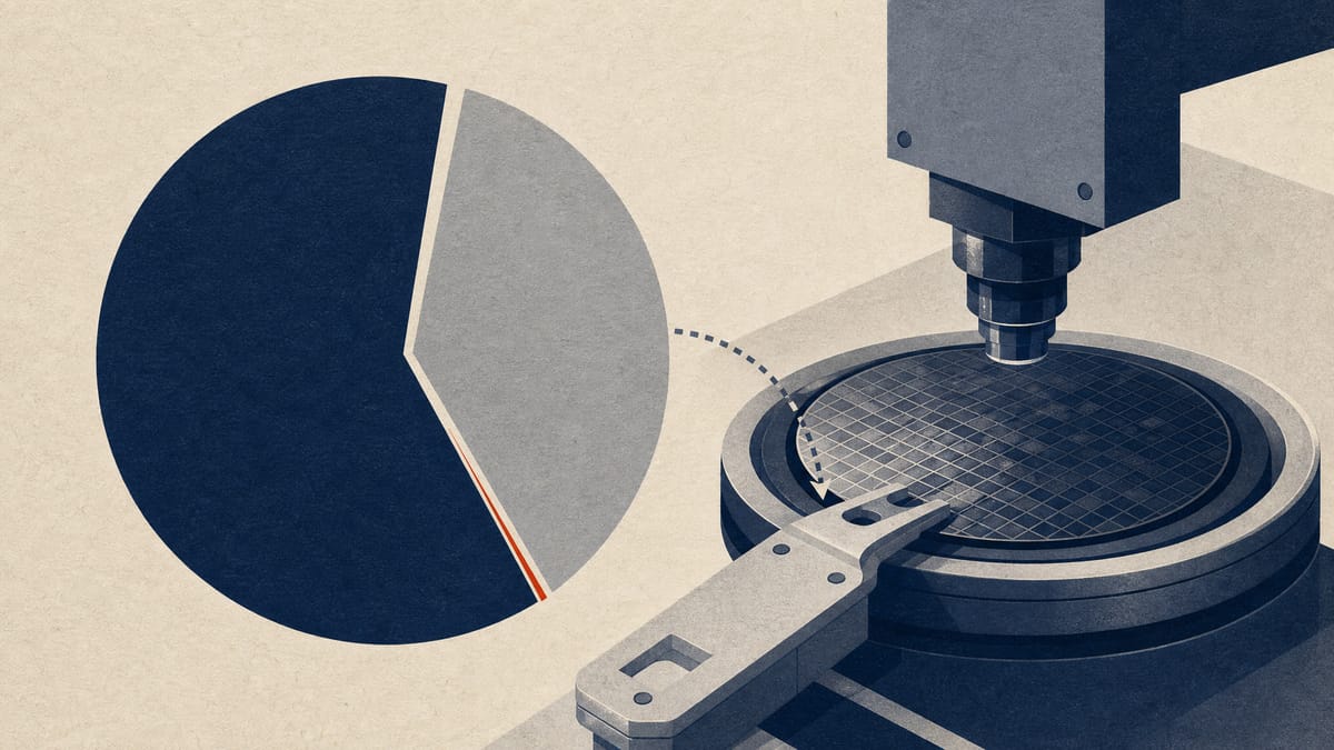Editorial illustration of a shifting corporate ownership pie chart next to semiconductor wafer-inspection equipment, symbolizing a Japanese precision-instrument maker's changing shareholder structure.