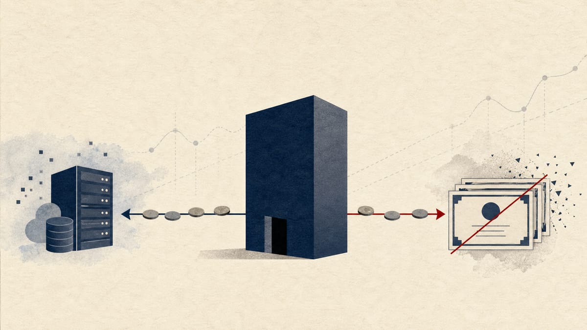Abstract editorial illustration of two capital flows: one funding the purchase of a small software company, the other funding a share buyback, set against faint line-chart elements.