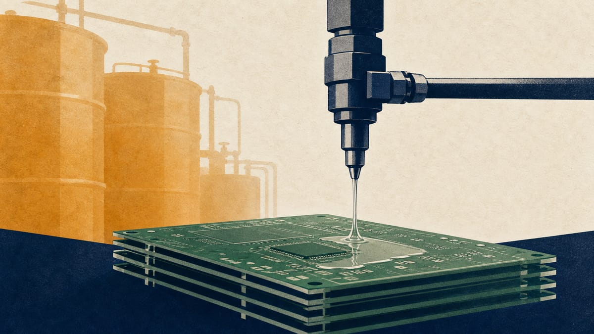 Close-up of an industrial chemical coating line applying adhesion-promoter fluid to server circuit boards on a factory production line.