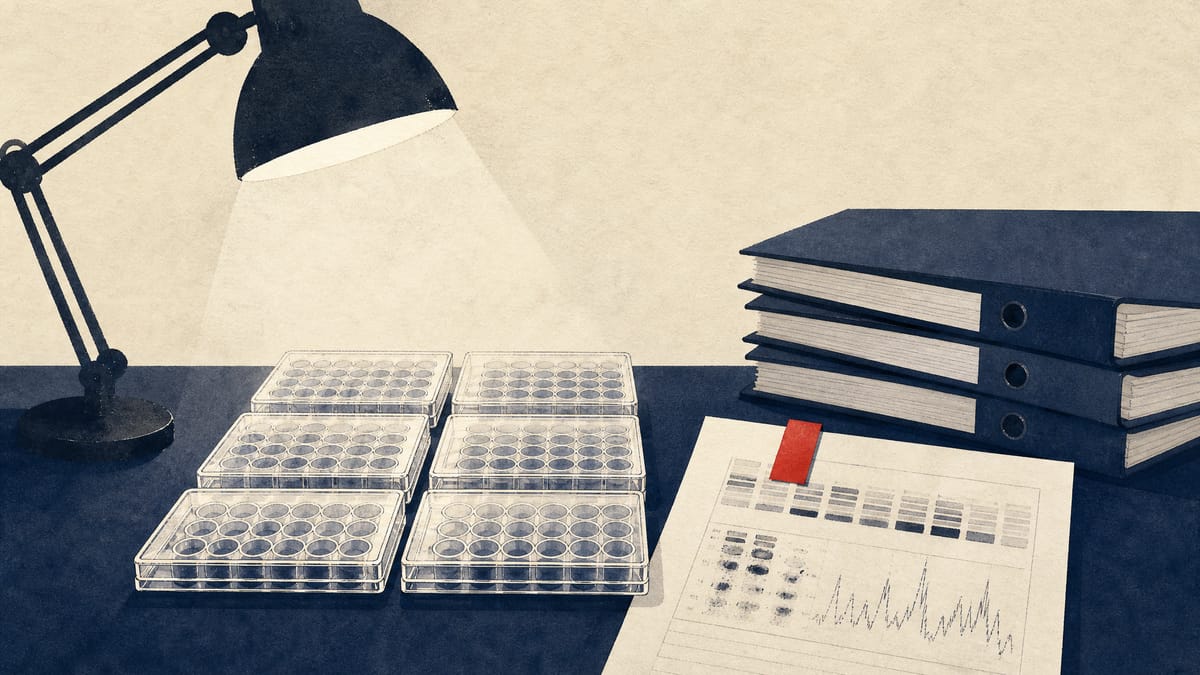 Editorial illustration of a laboratory bench with cell-culture plates, clinical-trial binders, and a flagged data printout, suggesting scrutiny of pharmaceutical research records.