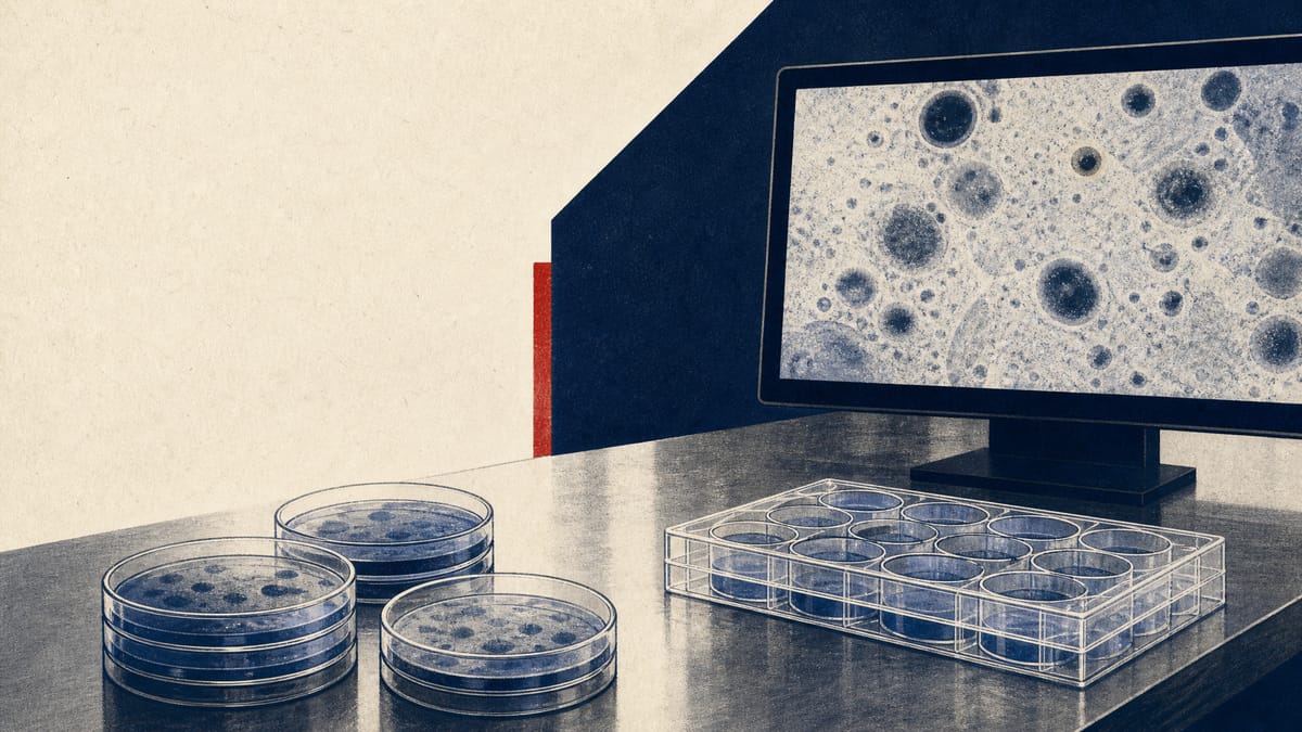 Illustration of a pharmaceutical lab bench with petri dishes and a monitor showing a magnified cell-culture image, evoking scrutiny of research data.