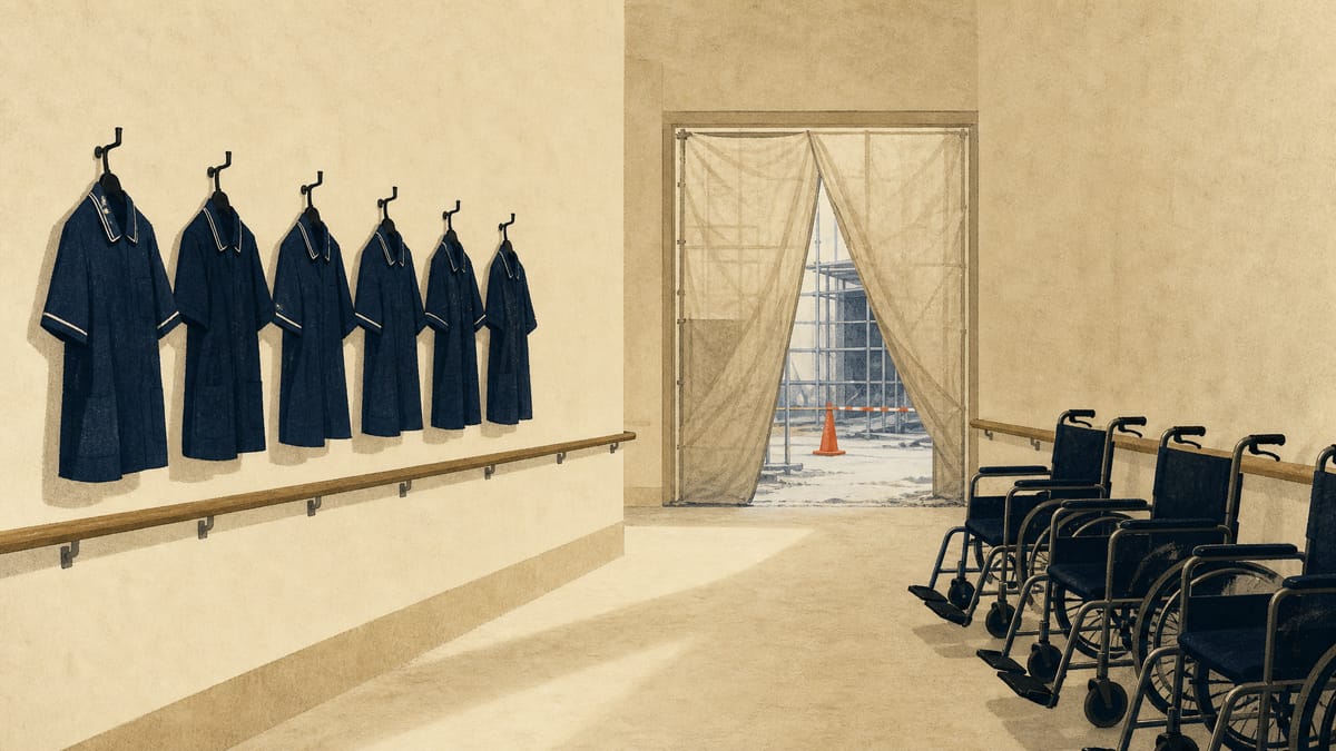 Empty wheelchairs and folded staff uniforms in a quiet care-facility corridor, with an unfinished, tarpaulin-covered new wing visible in the background.