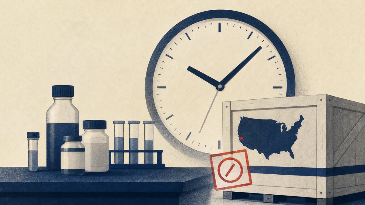 Editorial illustration of a biotech lab bench with reagent bottles and a shipping crate next to a stalled clock, symbolizing a delayed quarterly accounting review at a US subsidiary.