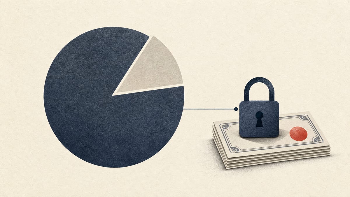 Abstract diagram showing a dominant shareholder wedge covering most of a circular ownership chart, linked to a padlock icon representing pledged shares.