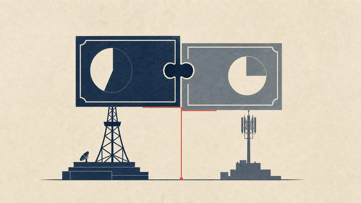 Editorial illustration of an ownership diagram showing a 51/49 percentage split connecting a broadcast tower base and a mobile network antenna base, in navy and slate tones.