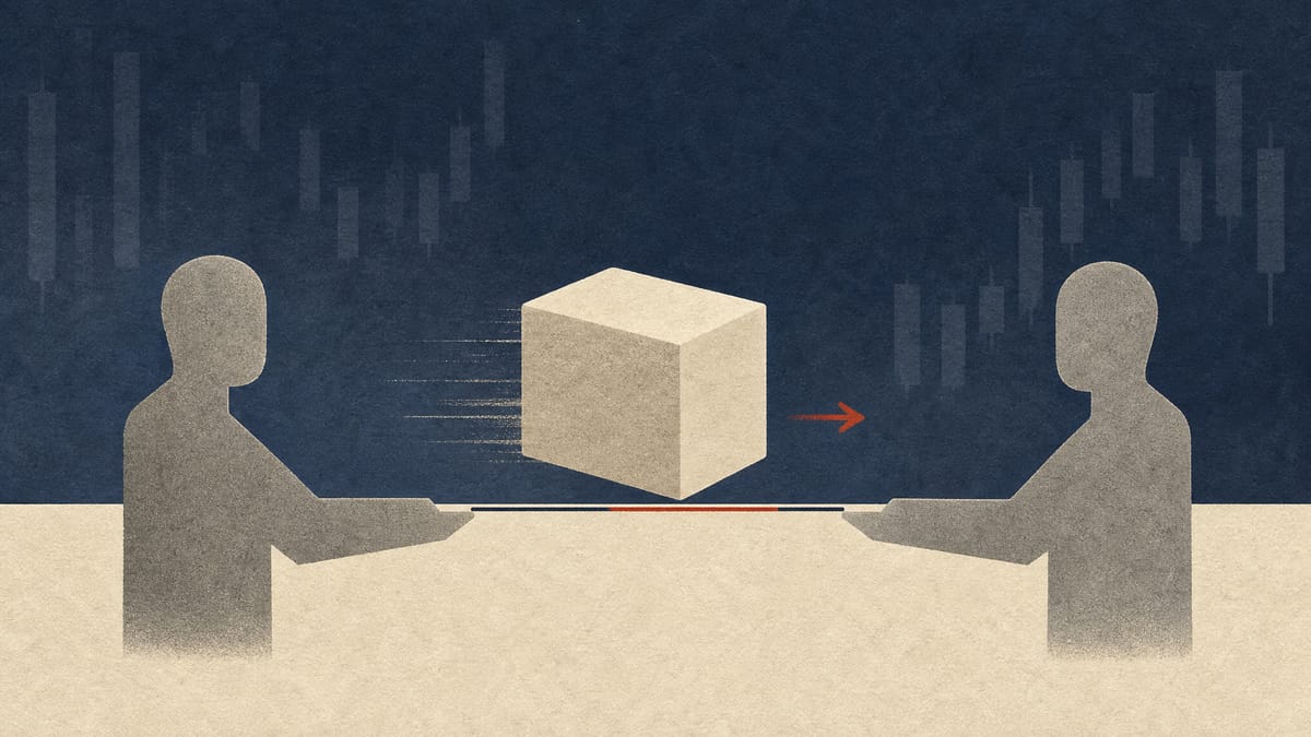 Editorial illustration of a large ownership block shifting from one abstract holder to another against a muted financial-ledger backdrop, symbolizing a large shareholder transferring stock to a new holder.