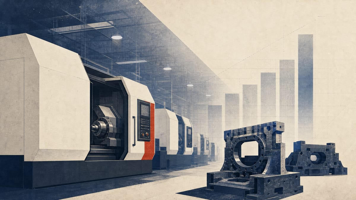 Illustration of a machine-tool factory floor with CNC lathes and casting molds, with abstract data bars in the background suggesting capital investment.