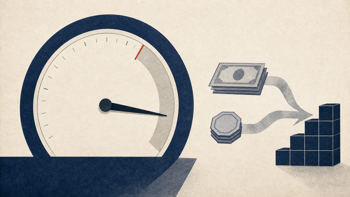 Illustration of an ownership-percentage gauge and stacked certificate blocks representing a fund's reduced stake in a Tokyo-listed company.