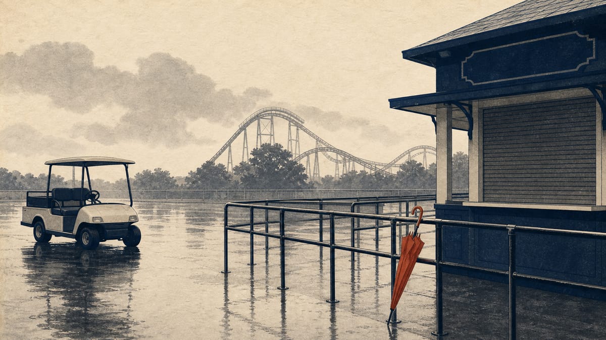 Illustration of an empty, rain-soaked amusement park queue lane beside a parked golf cart, representing a Japanese leisure resort operator's weather-hit season.