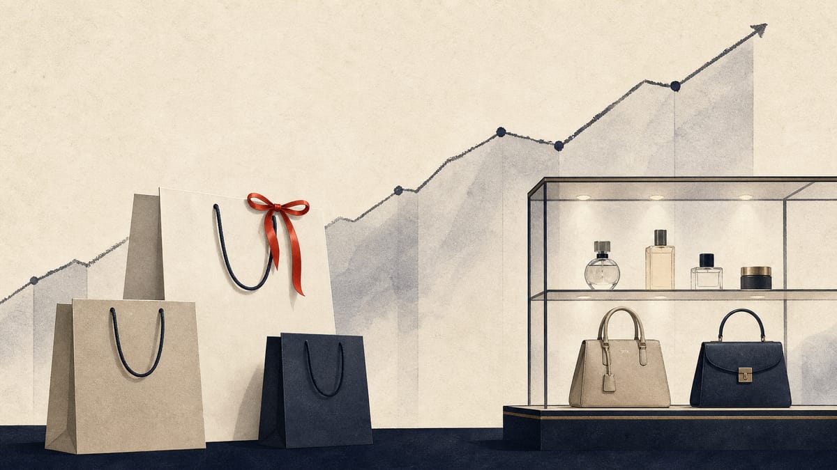 Illustration of an upscale department-store luxury goods counter with shopping bags and a faint rising sales line graph, evoking strong domestic and inbound spending.