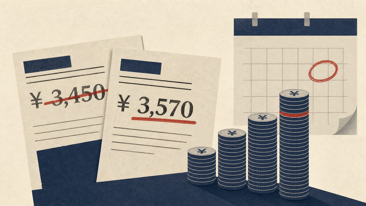 Editorial illustration of two overlapping tender-offer documents with rising yen price figures, an ascending bar chart of stacked coin icons, and a calendar page marking an extended deadline, symbolizing a rival takeover bidding war.