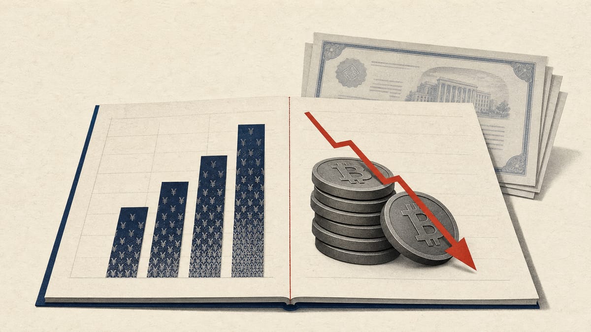 Abstract illustration of a financial ledger with rising yen bar charts on one side and a falling stack of plain digital coin tokens on the other, with faint bond certificates in the background.