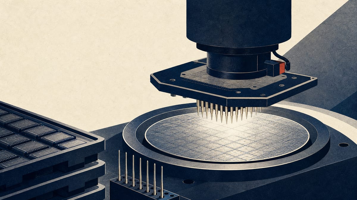 Close-up of semiconductor test equipment with a probe card positioned over a silicon wafer in a cleanroom setting.