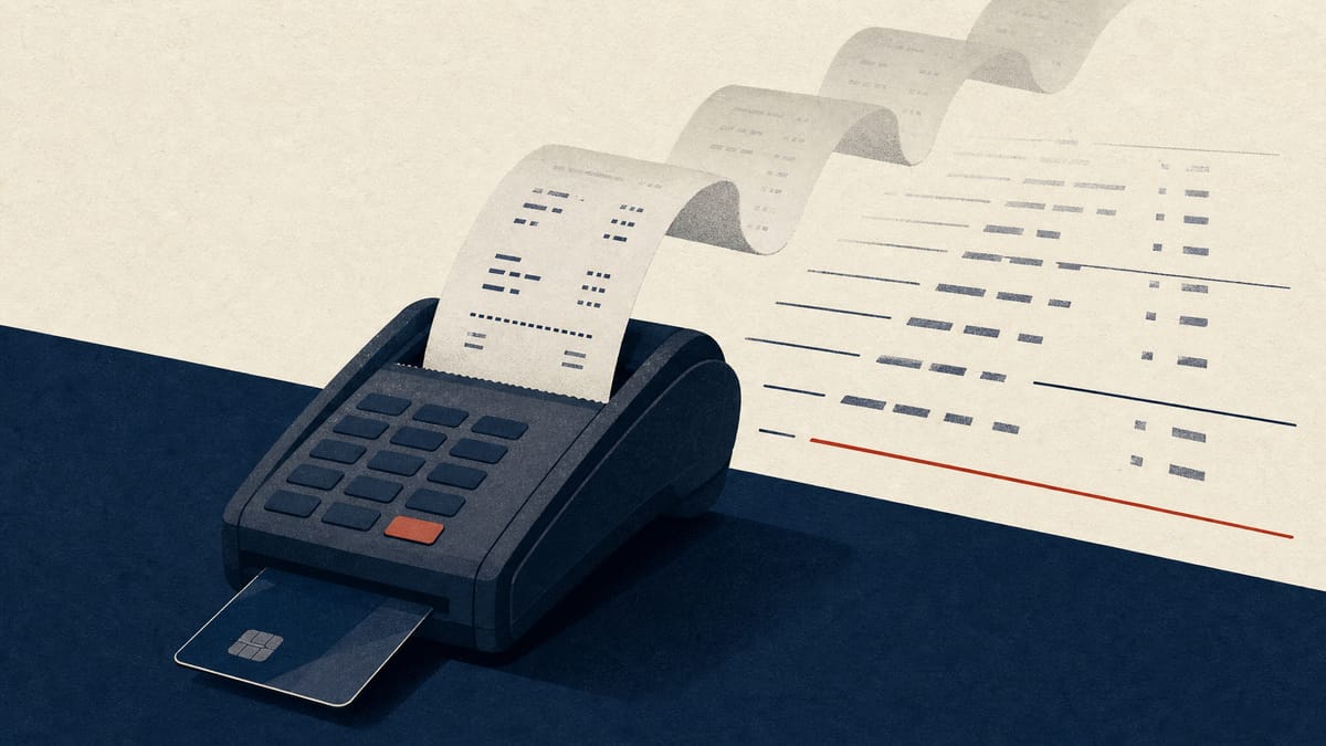 Illustration of a merchant point-of-sale terminal processing a payment, with stylized ledger lines in the background representing settlement funds.