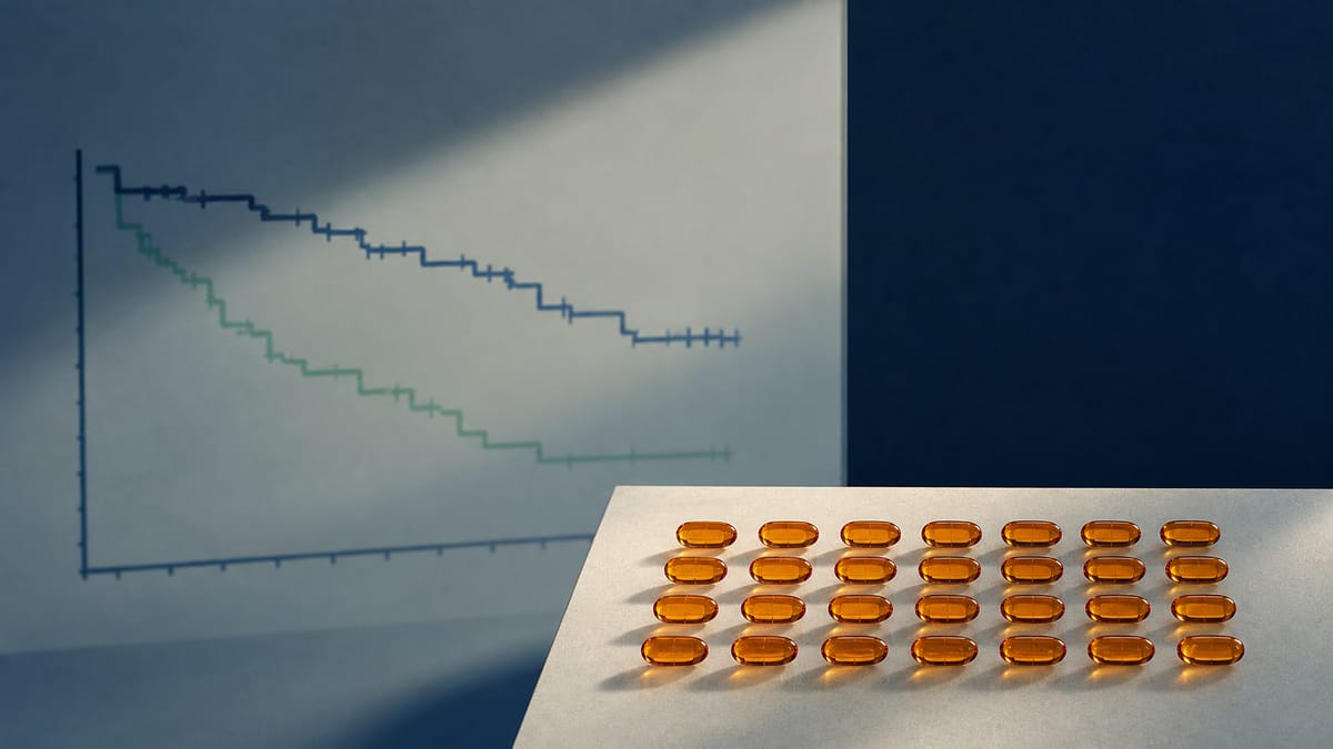 Amber pharmaceutical capsules arranged in a grid on a lab bench beside a softly glowing, blurred survival-curve line graph, evoking oncology drug trial data.